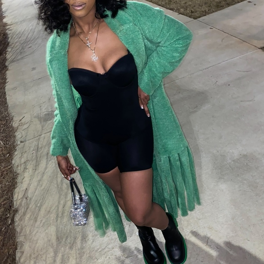 Green Fringe Cardigan with Black Outfit